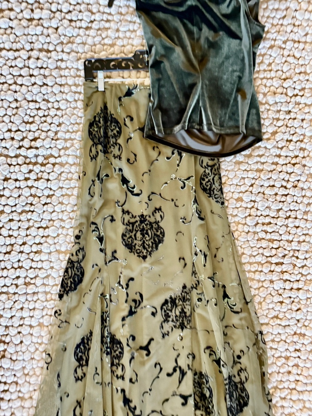 Vintage Chetta B Skirt Jade Green Floral Sheer Overlay Lined Satin